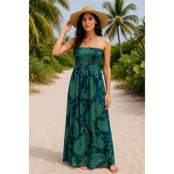 Old Navy Strapless Paisley Print Maxi Dress Smocked Bodice Size L Boho Resort - Picture 1 of 9